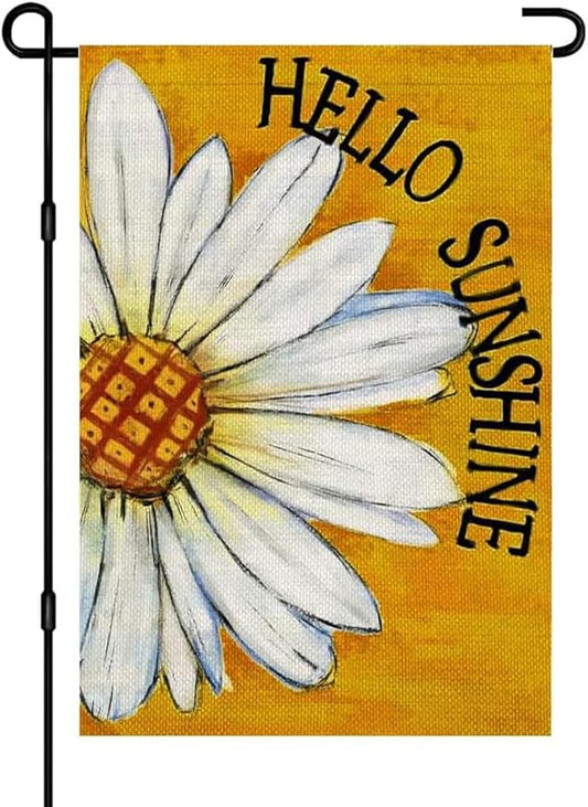 Spring Summer Garden Flags 12x18 Double Sided Outside, Hello Sunshine Daisy Floral Seasonal Decorations Vertical Burlap Yard Flag