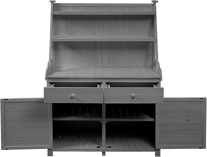 RUNNA 65inch Garden Potting Bench Table, Fir Wood Workstation with Storage Shelf, Drawer and Cabinet (Gray@017, 65inch)