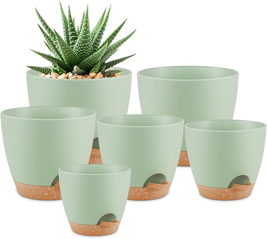 QRRICA Plant Pots 8/7/6.5/6/5.5/5 Inch Self Watering Pots, Set of 6 Plastic Planters with Drainage Holes and Saucers,Plastic Flower Pots,Nursery Planting Pot for Indoor Out Door Plants（Green）