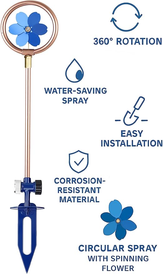 Metal Flower Sprinkler Head,Dual-Purpose Garden Decor & 360° Lawn Irrigation System,22-Inch Coverage Diameter (Copper/Blue)