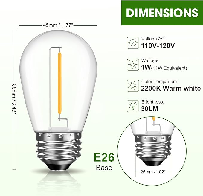 GvvooHome LED S14 Replacement Light Bulbs for Patio String Light, Shatterproof & Waterproof Hanging Light Bulbs for Outdoor String Lights, Dimmable, E26 Base, 24 Pack
