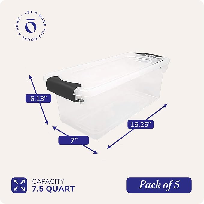 HOMZ Clear Plastic Storage Bins w/Latching Lid, 7.5 Qt, Gray Latch, 5 Pack