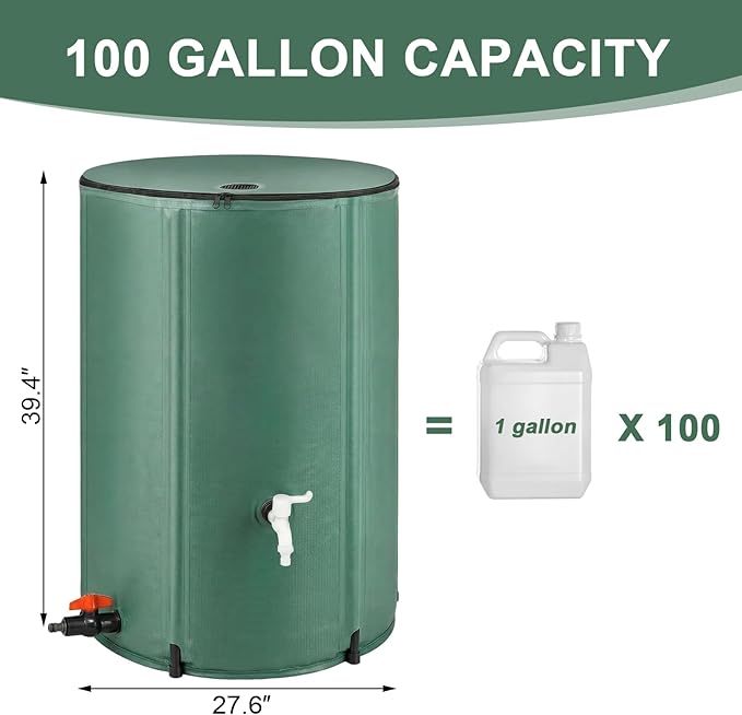 100 Gallon Collapsible Rain Barrel, Foldable Water Storage Tank, Support Rods, Drain Valve & Faucet, Portable Rainwater Collection System for Garden Irrigation and Outdoor Use