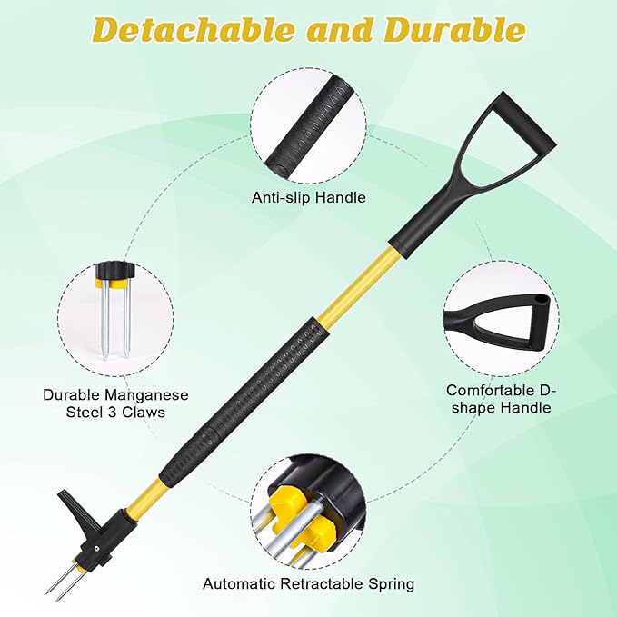 Gbekery 39" Stand Up Weed Puller Tool - Heavy Duty Detachable 3-Claw Weeder with Ergonomic Long D-Handle | Tools for Effortless Garden Weed Removal (Dandelions, Thistles & More)