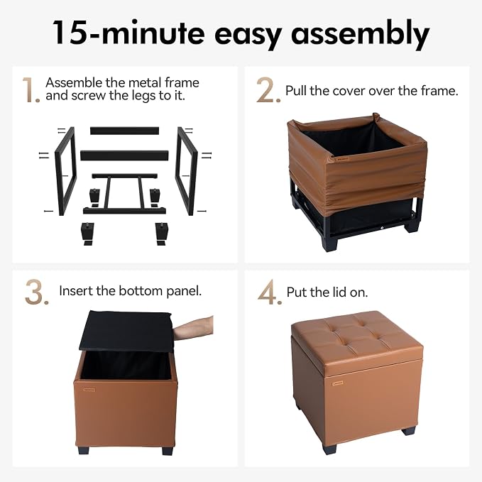 ABHENG Steel Frame Square Ottoman with Storage Caramel UASND645Z | 17.7" x 17.7" x 17.7", Hold 660 lbs, 48L Storage Capacity, Waterproof Synthetic Leather, Removable Lid, for Dorm Living Room