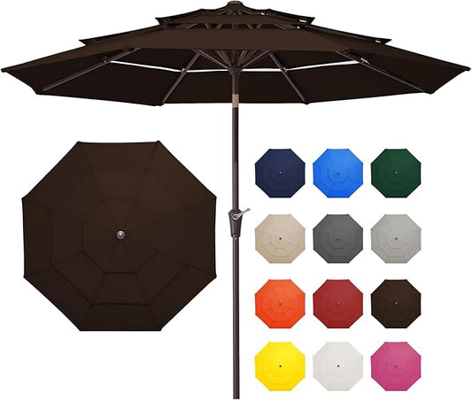 JEAREY 9FT 3 Tier Patio Umbrella Outdoor Market Umbrella Table Umbrellas with 8 Ribs 1.5 Pole Push Button Tilt and Crank UV Protection for Garden,Brown
