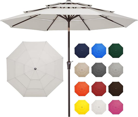 JEAREY 9FT 3 Tier Patio Umbrella Outdoor Market Umbrella Table Umbrellas with 8 Ribs 1.5 Pole Push Button Tilt and Crank UV Protection for Garden,Off-white
