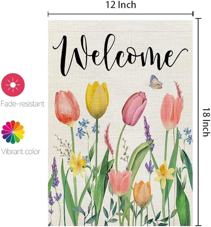 CROWNED BEAUTY Spring Garden Flag Floral 12x18 Inch Double Sided for Outside Tulips Welcome Burlap Small Yard Holiday Decoration