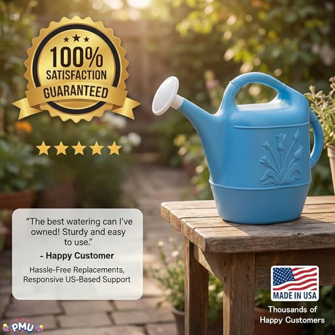 PMU 2 Gallon Watering Can - Garden Watering Can for Indoor & Outdoor Plants - Plastic Water Can with Detachable Sprinkler Head - Large Water Pot, Made in USA - Blue Pkg/3