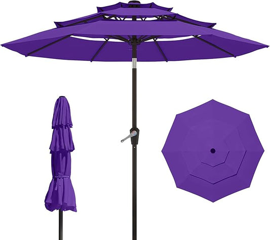9FT 3 Tiers Patio Umbrella With Auto Tilt And Crank, Outdoor Table Market Umbrella with 8 Sturdy Ribs for Garden, Lawn, Deck, Backyard and Pool