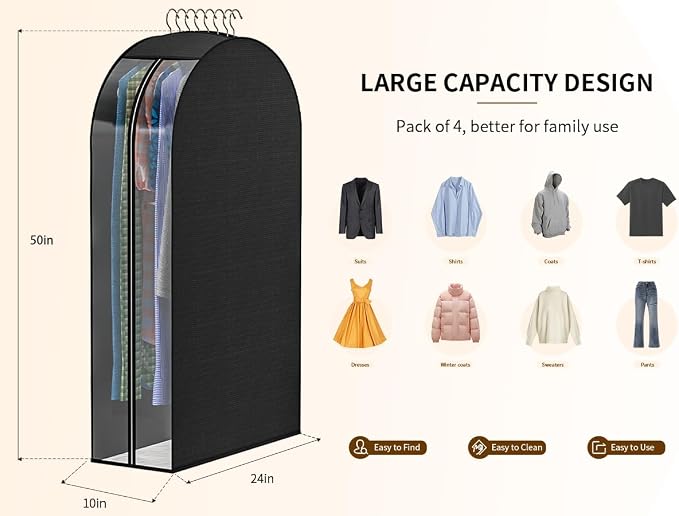 Black Garment Bags for Hanging Clothes, 4-Pack, 50"