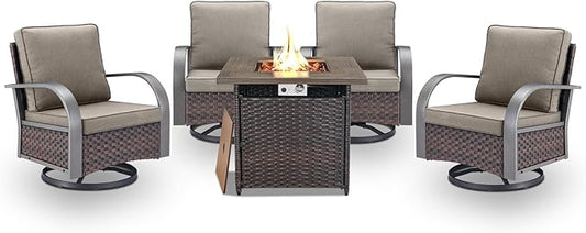 Belord 5 Pieces Patio Furniture Set with Fire Pit Table - 4 Outdoor Swivel Rocker Chairs with 50000 BTU Propane Fire Pit Table, Patio Conversation Sets for Outside Backyard Patio Casual Gathering