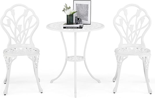 VINGLI 3 PCS Outdoor Bistro Set, Outdoor Patio Set, All-Weather Cast Aluminum Bistro Table Set, Bistro Table and Chairs Set of 2 for Backyard, Garden, Balcony (White, Tulip)