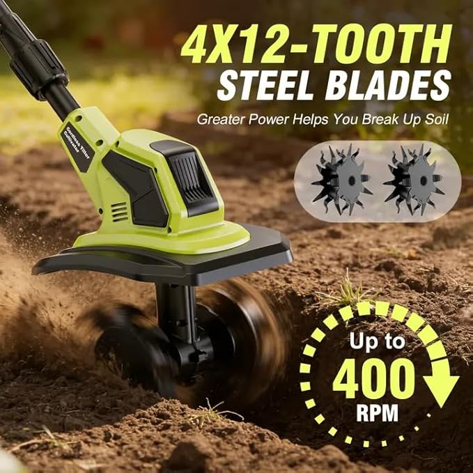 Cordless Tiller Cultivator, 21V Lightweight Tiller for Gardening with 2 * Batteries, Brushless Electric Tiller with 48 Steel Tines, 400RPM, 9.5" Tilling Width, 7" Depth for Gardening、Soil Turning