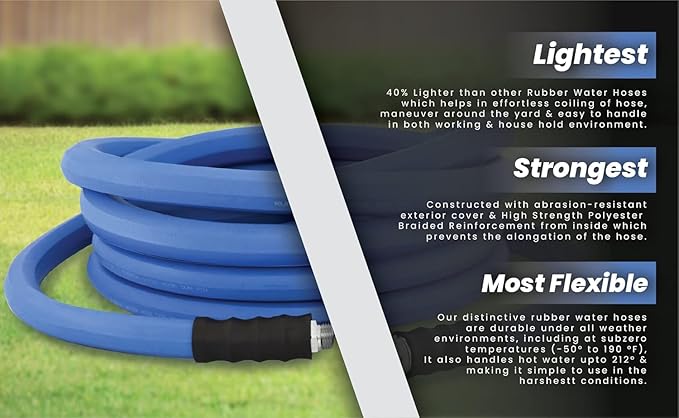 AG-LITE BSAL3410 3/4" x 10' Hot/Cold Water Rubber Garden Hose, 100% Rubber, Ultra-Light, Super Strong, 500 PSI, 50F to 190F Degrees, High Strength Polyester Braided