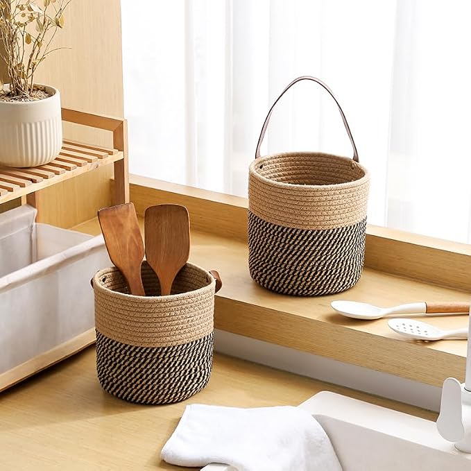 Hanging Leather Plant Holder, Wall Hanging Planter Basket Black and Jute