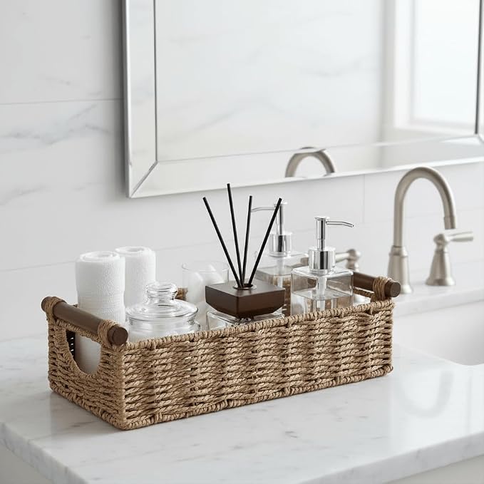CubesLand Small Wicker Toilet Basket Tray Organizer W/Cut Out Handle | Handwoven Slim Decorative Basket for Countertop Shelf, And for Rustic Home Decor, Living Room, Nursery Organization, Neutral