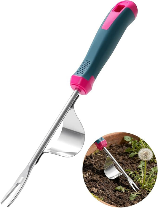 2026 Upgraded Weed Puller Tool, Stainless Steel Hand Weeder，Leverage Base & V-Shaped Forks for Easy Weed Removal & Deep Root Digging, Ergonomic Soft Grip Handle Manual Weeding Tool for Garden and Lawn