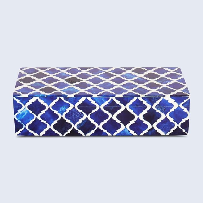 Handicrafts Home Decorative Storage Box with Lid, Moroccan Coffee Table Storage Box Organizer, Wooden Keepsake Jewelry Box, Decorative Desk Console Storage Box, Blue, 10 x 4.5 x 2.5