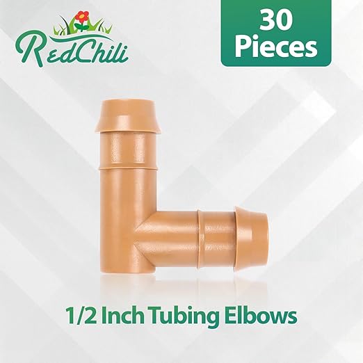 RedChili 30 Pcs 1/2 Inch Irrigation Tubing Elbow Fittings, 1/2" Drip Irrigation Barbed Elbow Connectors Fits 5/8", 1/2", .700" Drip Tubing for Garden Lawn Irrigation System