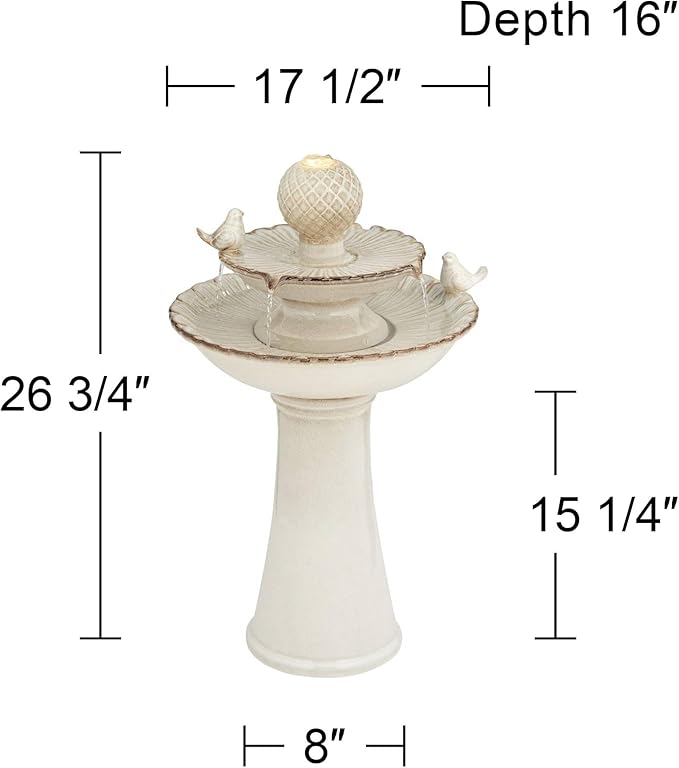 Bathing Bird 26 3/4" High Large Italian Outdoor Cottage Core Decor Cream Ceramic Floor Fountain with Light LED Waterfall 2-Tier Standing Basin Water Feature for Outside Garden Patio - John Timberland