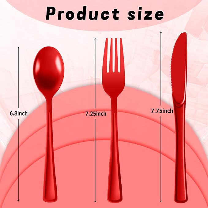 Plastic Silverware 300 PCS Disposable Silverware Heavy Duty Utensil Sets 100 Of Each Forks Knives & Spoons Disposable Cutlery Set For Easter,Birthday,Baby Shower,Garden Party,Wedding(300,Red)