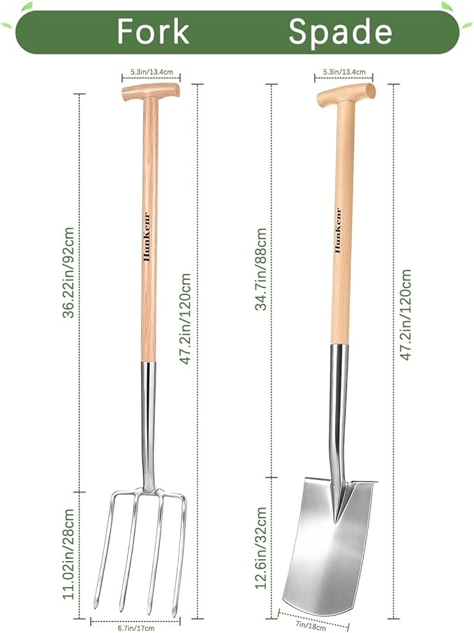 Garden Pitchfork Spade Set, 4-Tine Stainless Steel Pitchfork, 47" Heavy Duty Long Handled Spade with T-Handle/Ergonomic Beech Handle for Digging, Planting, Cultivating, Aerating
