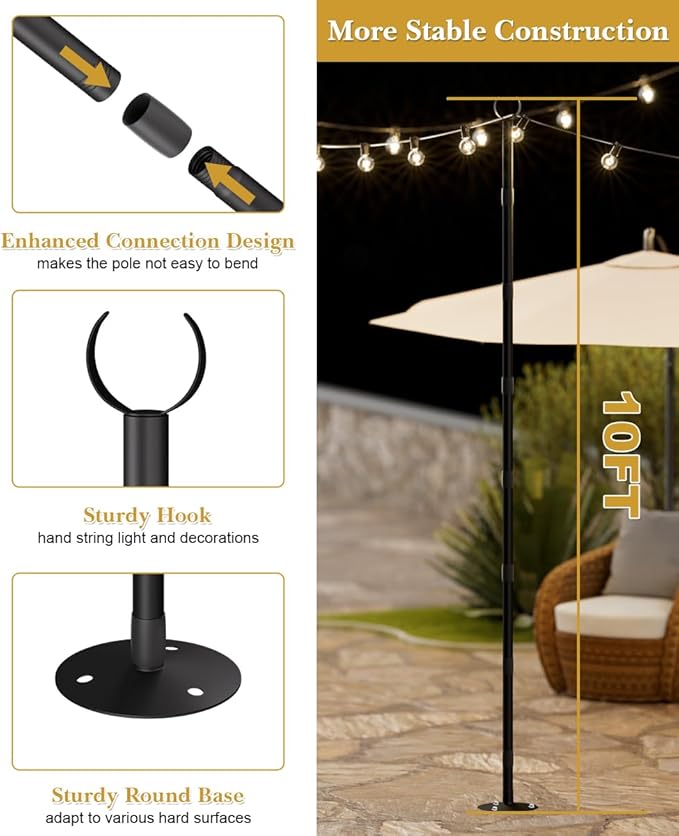 10Ft String Light Poles for Hard Surfaces, Outdoor Light Stand for Backyard, Garden & Patio Party Lighting, Heavy-Duty Metal Poles with Waterproof Finish, Rustproof & Adjustable, 2 Pack