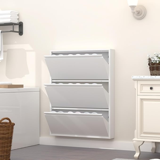 GREATMEET Slim Wall Mounted Metal Storage Cabinet with 3 Flip Drawers