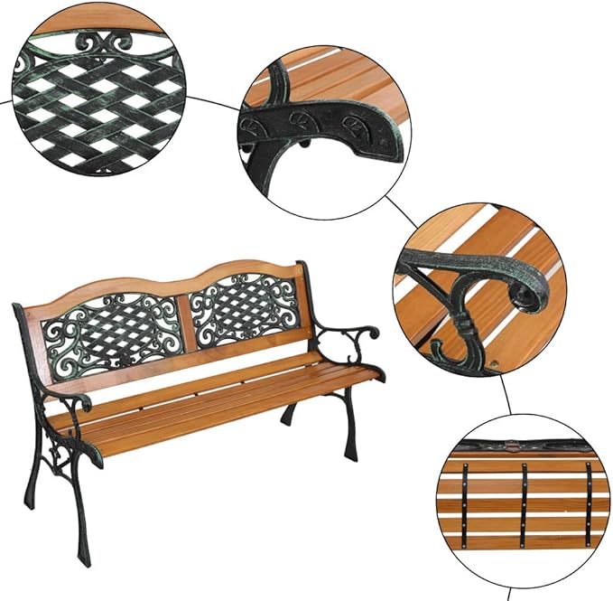 Outvita 49.5in Garden Bench, Patio Wood Love Seat with Metal Armrest Retro Style for Patio Porch Deck Yard Lawn Poolside(Classical)