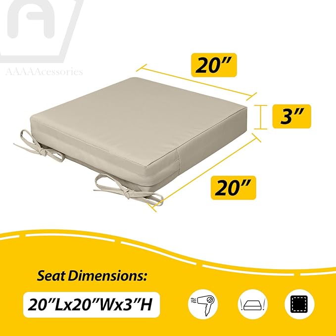 AAAAAcessories Outdoor Seat Cushions for Chairs, Waterproof, Fade-Resistant, 20" x 20" x 3", Patio Furniture Replacement Cushions, Set of 2, Beige