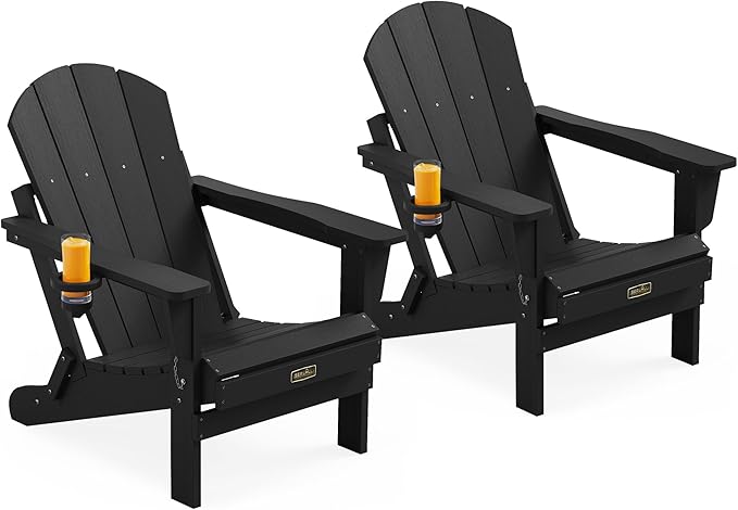 SERWALL Folding Adirondack Chair Set of 2, All Weather Adirondack Chairs with Cup Holder for Patio Garden Outdoors Fire Pit - Black