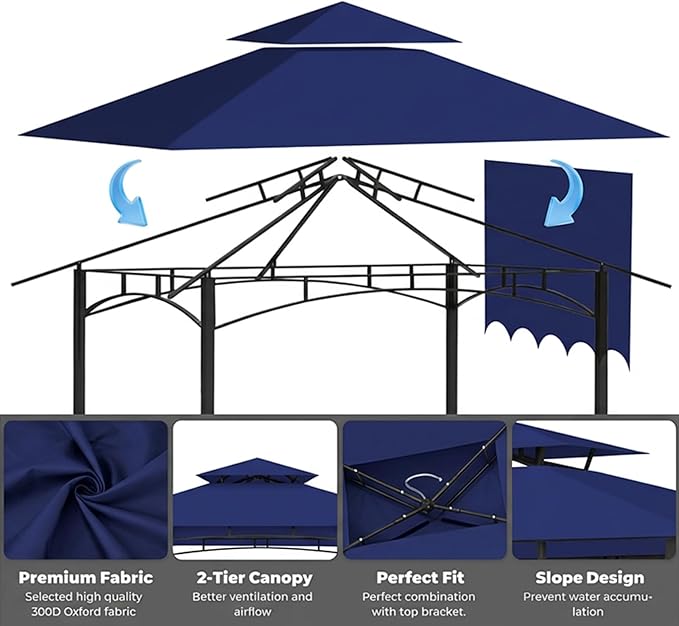 Grill Gazebo Replacement Canopy Top Only - 5' x 11' Outdoor BBQ Gazebo Canopy Roof with Extra Side Awning, Waterproof Double Tiered Shelter Cover (Blue, 5x11)