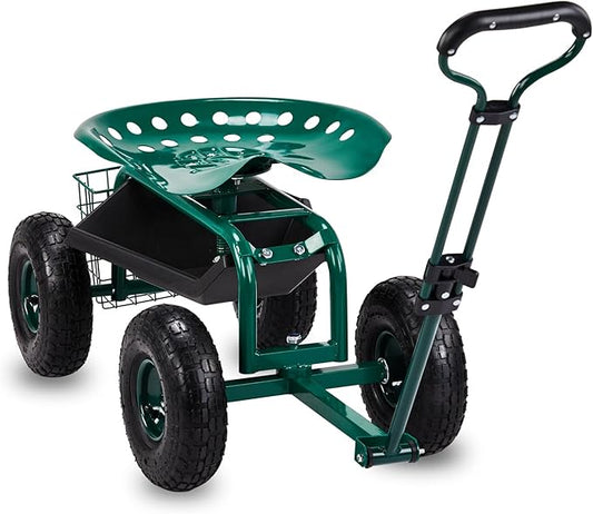 Outvita Garden Cart Rolling Workseat with Wheels, Gardening Stool with Adjustable 360 Degree Swivel Seat, Extendable Handle, Tool Tray & Storage Basket, Gardening Scooter for Yard, Planting, Green