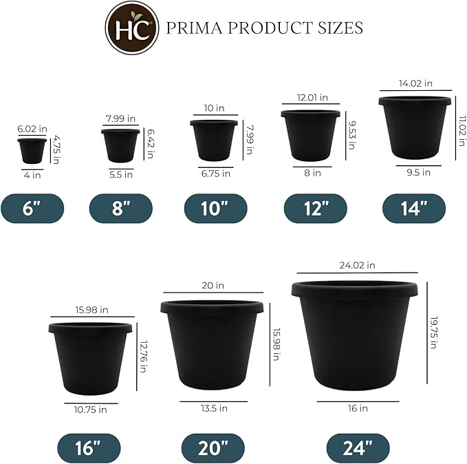 The HC Companies 20 Inch Round Prima Planter - Large Plastic Plant Pot with Rolled Rim for Indoor Outdoor Plants Flowers Herbs, Black