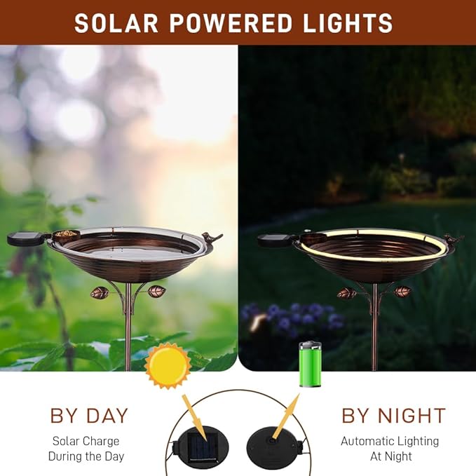 dreamysoul Bird Baths for Outdoors 15" Dia Large Metal Bird Bath with Solar Strip Lights, 5 Prongs Outdoor Copper Birdbath for Lawn Yard Garden Decor