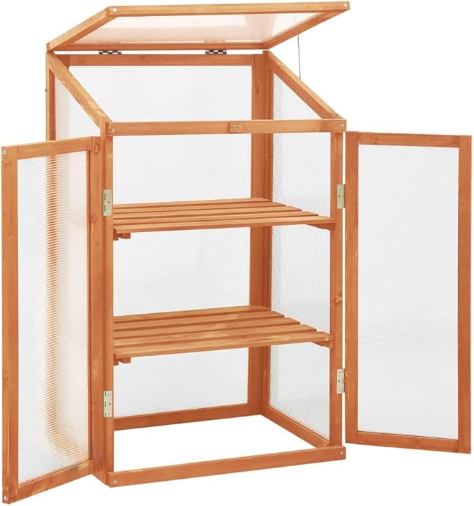 Solid Firwood Garden Portable Wooden Greenhouse with 2 Shelves and Open Bottom, Mini Greenhouse Cabinet 23.6"x17.7"x39.4"/Brown