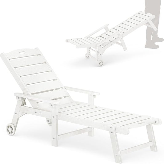 LUE BONA Outdoor Chaise Lounge, HDPS Chaise Lounger, 5 Positions Adjustable Lounge Chairs, Pool Lounge Chair with Wheels for Poolside, Backyard, White