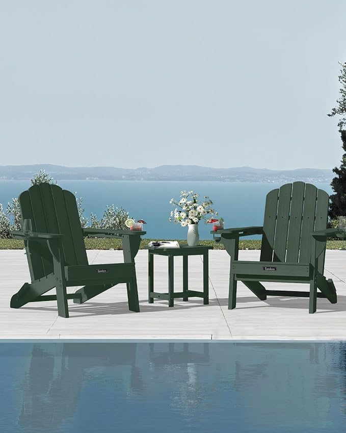 Adirondack Chairs Set of 2, HDPE Material Fire Pit Chairs, Plastic Adirondack Chairs with 2 Cup Holder, Outdoor Lawn Chair for Patio Garden, Green