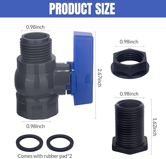 PVC Rain Barrel Spigot Kit 2 Pack 3/4" GHT Bulkhead Fitting with PVC Ball Valve Leak-Proof Tank Faucet for Rain Barrel, Water Tank & Container Drain