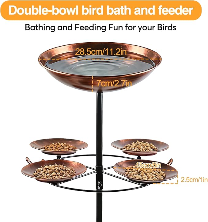2.8" Deep 41" Tall Metal Bird Bath Bow with 4 Set Bird Feeder for Outdoors,12" Dia 2-in-1 Bird Bath & Feeder Water Bowl,Vintage Standing Birdbaths with Stable Stake for Garden Yard Lawn Decor
