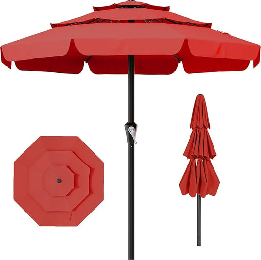 AreShark 11FT 3-Tiers Patio Umbrella with Valance, Outdoor with Crank, Large Outdoor Market Umbrellas Vented with 8 Sturdy Ribs, Patio Table Umbrellas for Garden, Deck, Backyard, Pool, Red