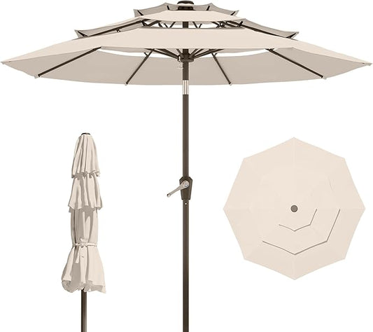 9FT 3 Tiers Patio Umbrella With Auto Tilt And Crank, Outdoor Table Market Umbrella with 8 Sturdy Ribs for Garden, Lawn, Deck, Backyard and Pool