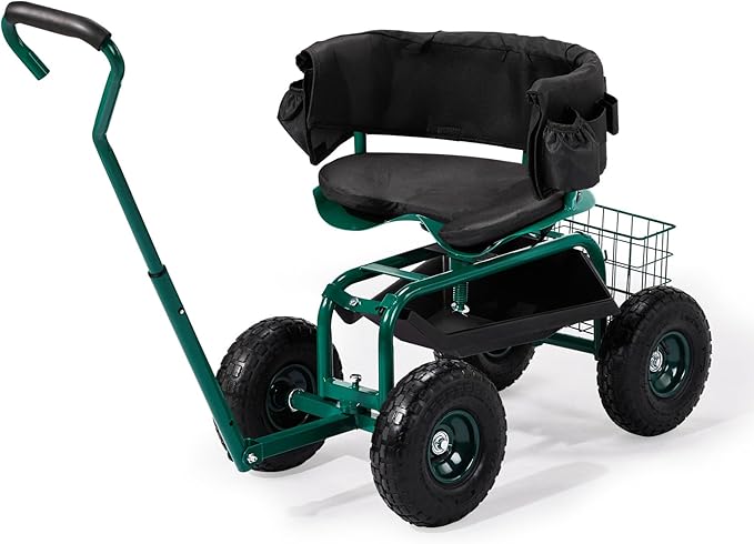 VINGLI Garden Cart with Soft Rolling Seat, Wheels, Adjustable Steering Handle & Utility Tool Tray, Planting Wagon Scooter, Gardening Tool for Senior, for Patio, Backyard, Lawn & Outdoor, Green
