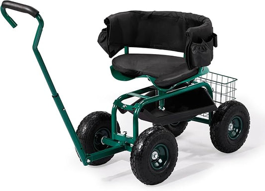 VINGLI Garden Cart with Soft Rolling Seat, Wheels, Adjustable Steering Handle & Utility Tool Tray, Planting Wagon Scooter, Gardening Tool for Senior, for Patio, Backyard, Lawn & Outdoor, Green
