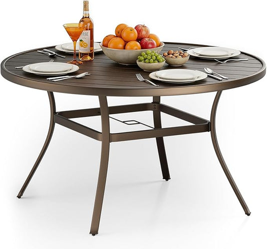 Round Outdoor Dining Table, Metal Round Patio Table for 8-Person with Adjustable Umbrella Hole, Weather-Resistant for Garden Backyard Porch