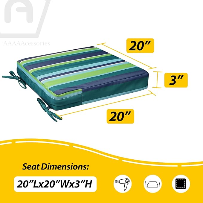 AAAAAcessories Outdoor Seat Cushions for Chairs, Waterproof, Fade-Resistant, 20" x 20" x 3", Patio Furniture Replacement Cushions, Set of 2, Stormy Teal Coastal Stripe