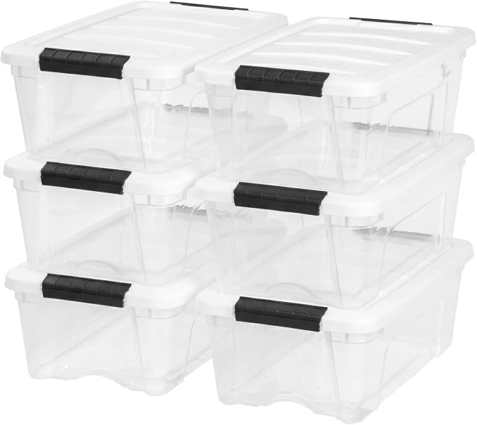 IRIS USA 13 Qt Storage Bins with Lids, 6 Pack, Clear/White