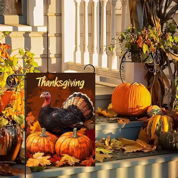 Thanksgiving Turkey Garden Flag 12x18 Double Sided, Small Burlap Seasonal Autumn Pumpkin Cardinal Garden Flag Fall Outdoor Yard Decorations Porch Lawn Flags for Outside