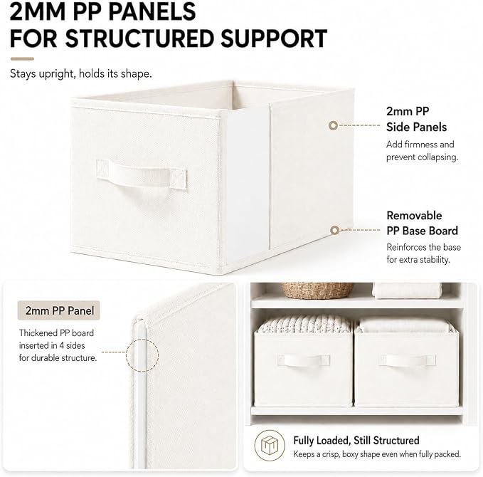 3-Pack Closet Storage Bins, Foldable Fabric Storage Baskets, Beige | Thickened Rigid PP Panels, Cotton-linen Shelf Baskets, Measure 14.75"L x 10.25"W x 8.25"H for Clothes, Closets and Drawers